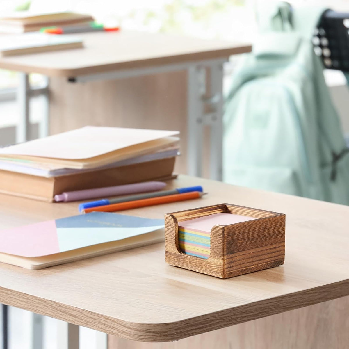 Sticky Note Holder, Burnt Wood Note Dispenser for Office Desk Accessories, Self Stick Note Pad Holder, Memo Pad Holder Dispenser Organizer for School Office Desk Supplies