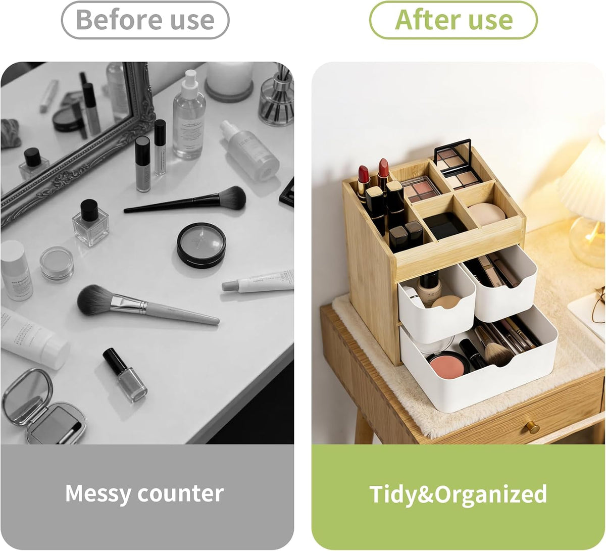Bamboo Vanity Organizers with 3 Drawer, Mini Desk Organizer for Home, 3-tier Study/Office Organizer Rack, Adjustable 5 Compartment Makeup Display Case, Dresser Storage for Lipstick, Jewelry, Nail Care
