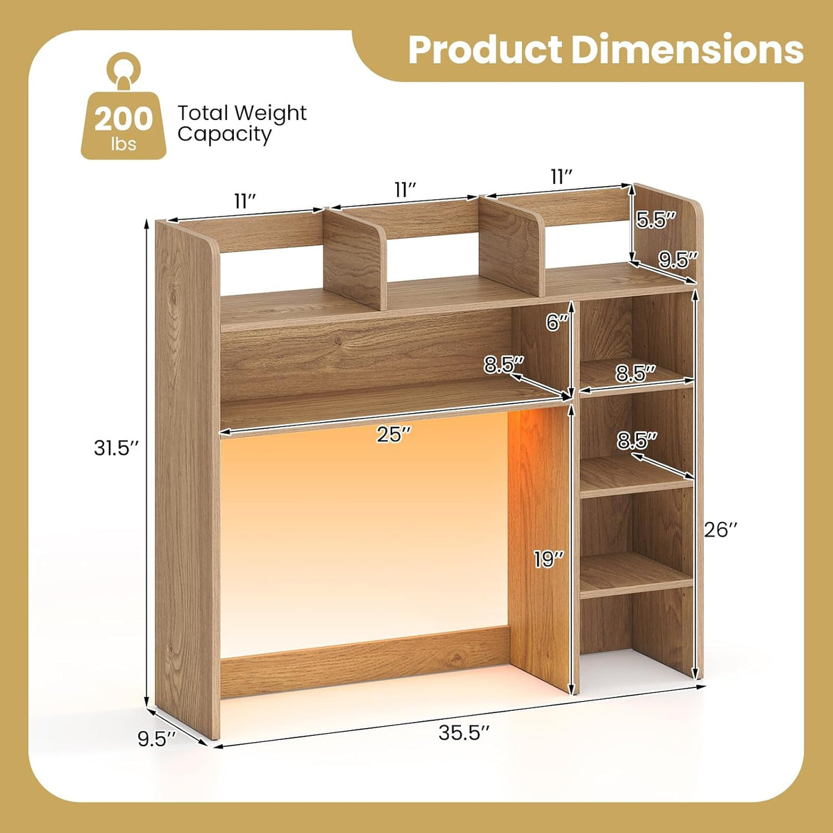 Desktop Bookshelf, Countertop Storage Hutch with 5 Shelves for Computer Desk, Desk 3-Tier Display Rack, Multipurpose Wood Desktop Hutch Storage Organizer for Dorm Office Home