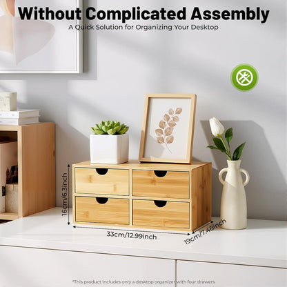 Desk Organizer, Office Vanity Bamboo Desk Organizer, Mini Bamboo Desk Drawer Tabletop Storage Box with 2 Drawer Night Stand Table Organizer for Makeup Vanity Office Supplies (2 Drawer)