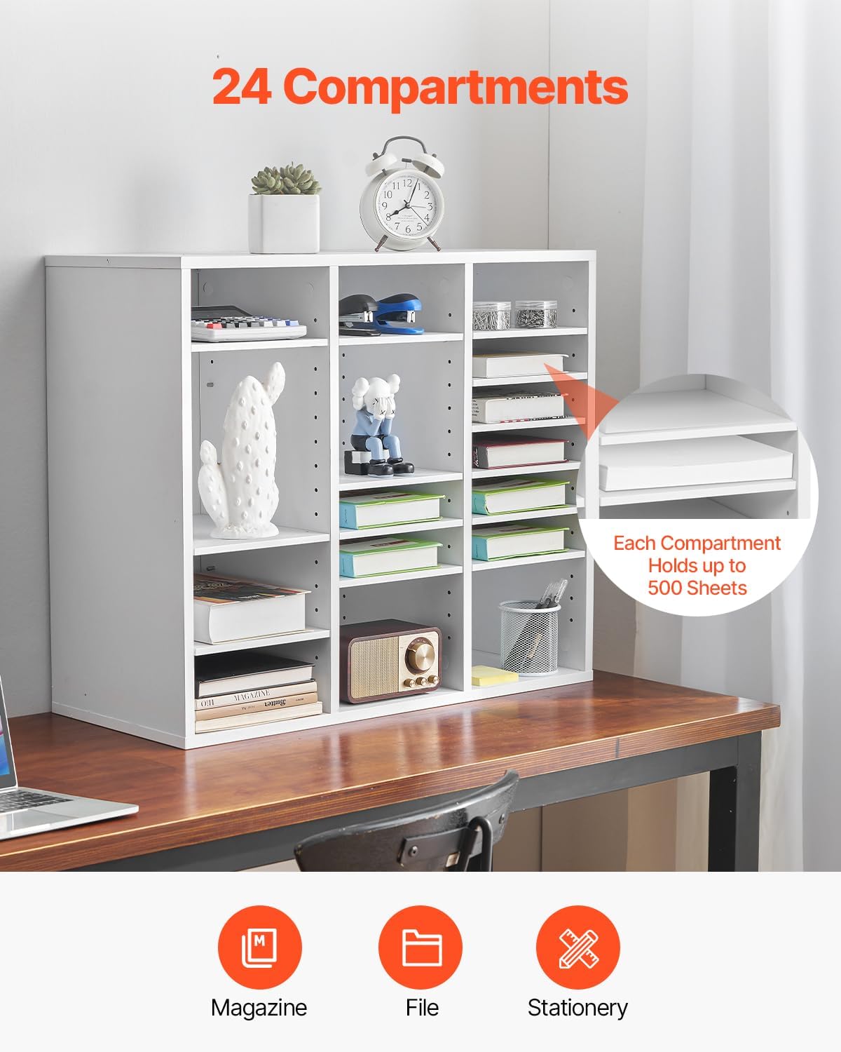 VEVOR Literature Organizers, 12 Compartments Office Mailbox with Adjustable Shelves, Wood Literature Sorter 20.4x12x16.1 inches for Office, Home, Classroom, Mailrooms Organization, EPA Certified White