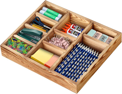 Wooden Desk Drawer Organizer, 9-Slot Office Organization and Storage Box, Adjustable Natural Wood Desktop Tray for Pens, Sticky Notes, and Small Accessories, Aesthetic Home Office Decor (12 x 9 In)