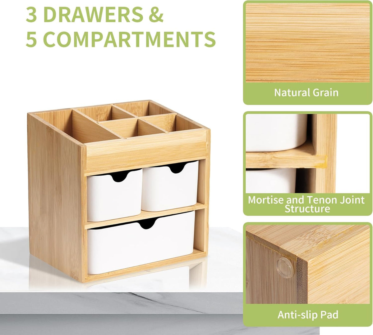 Bamboo Vanity Organizers with 3 Drawer, Mini Desk Organizer for Home, 3-tier Study/Office Organizer Rack, Adjustable 5 Compartment Makeup Display Case, Dresser Storage for Lipstick, Jewelry, Nail Care