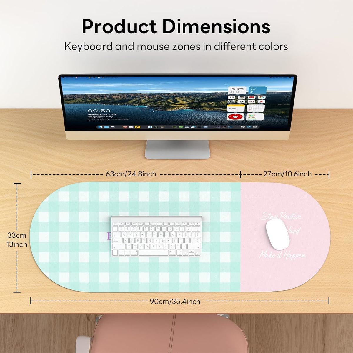 Checkered Pattern Desk Pad Protector, 35.5 x 13'' Aesthetic Mouse Mat for Desktop, Waterproof PU Leathe Non-Slip Desk Writing Pad for Office and Home, Green and Purple