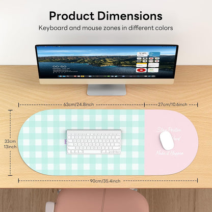 Checkered Pattern Desk Pad Protector, 35.5 x 13'' Aesthetic Mouse Mat for Desktop, Waterproof PU Leathe Non-Slip Desk Writing Pad for Office and Home, Green and Purple