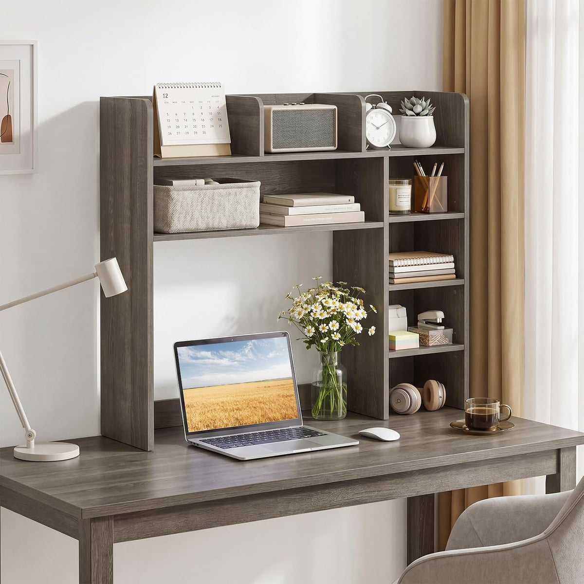 Desktop Bookshelf, Countertop Storage Hutch with 5 Shelves for Computer Desk, Desk 3-Tier Display Rack, Multipurpose Wood Desktop Hutch Storage Organizer for Dorm Office Home