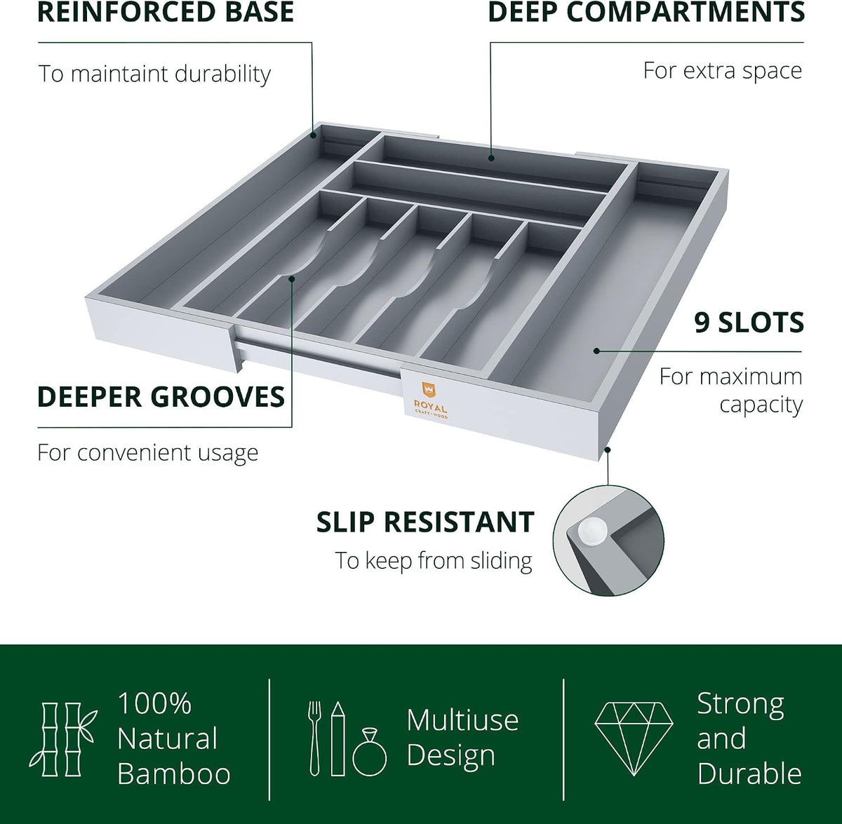 ROYAL CRAFT WOOD Luxury Bamboo Kitchen Drawer Organizer - Silverware Organizer, Utensil Holder & Cutlery Tray Drawer Dividers for Flatware (9 Slot, Natural)