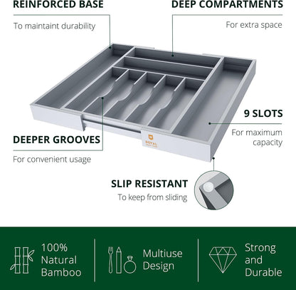 ROYAL CRAFT WOOD Luxury Bamboo Kitchen Drawer Organizer - Silverware Organizer, Utensil Holder & Cutlery Tray Drawer Dividers for Flatware (9 Slot, Natural)