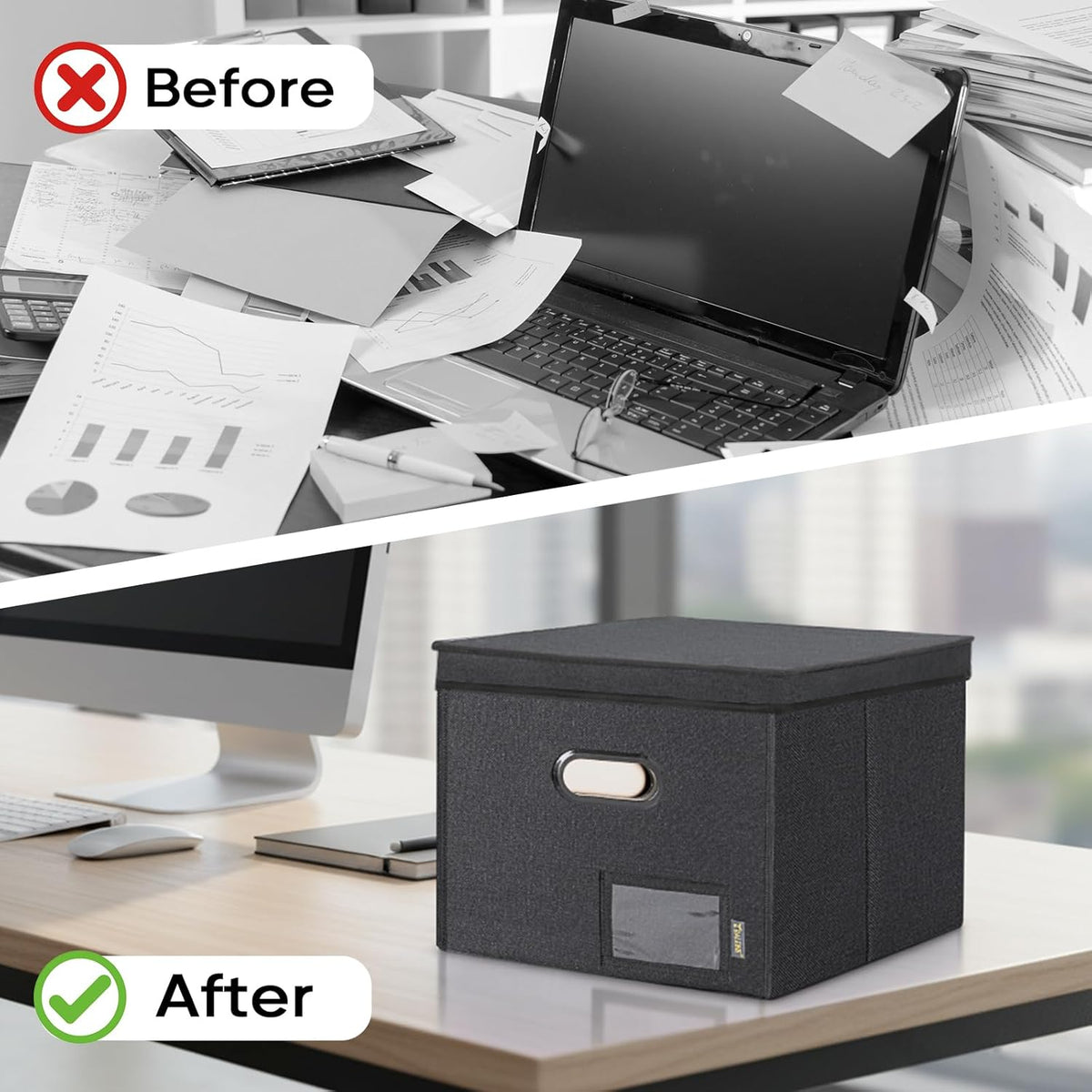 BALEINE File Organizer Box with Lid, Collapsible File Folder Organizer with Plastic Slide, Hanging File Folder Box for Office Document Storage (Black)