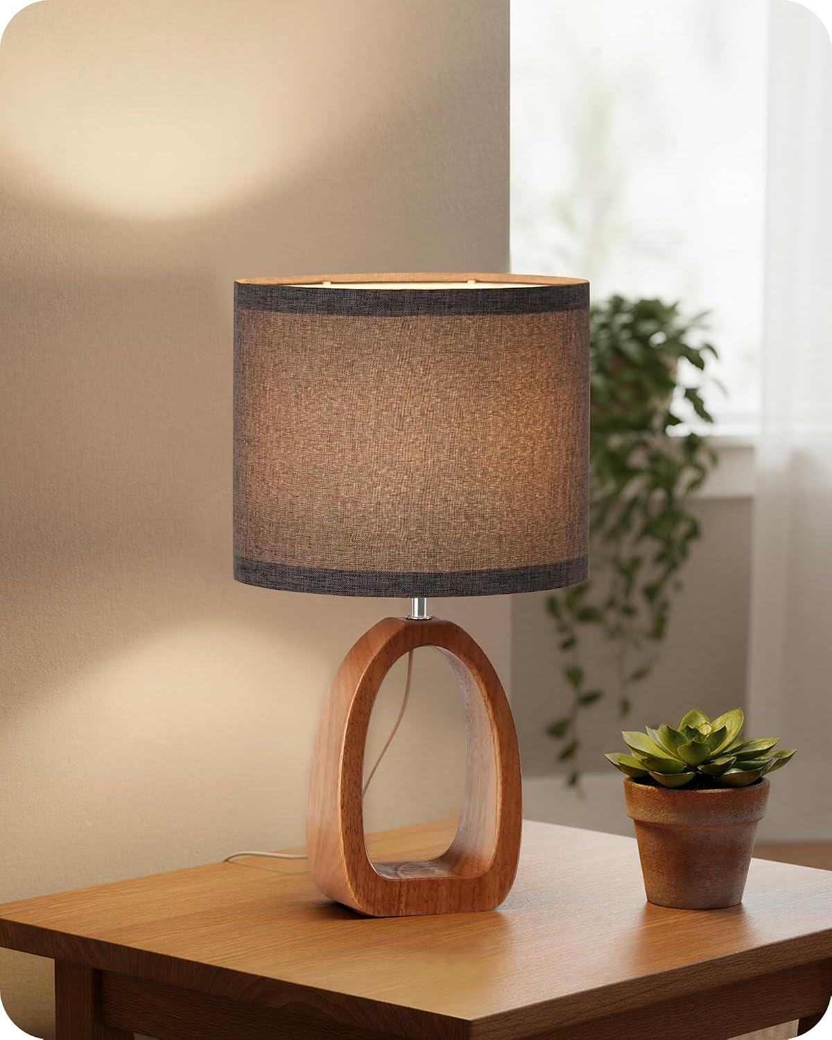 Small Table Lamp, 14.2" Cute Little Desk Lamp, Wood Bedside Lamp with Linen Lampshade, Modern Nightstand Lamp for Bedroom, E26 Base, Bulb Not Included, Beige and Dark Natural LE07TL05