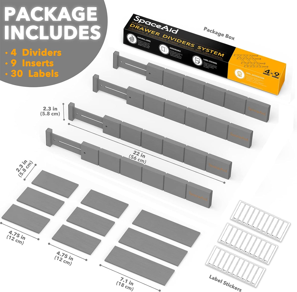 SpaceAid Bamboo Drawer Dividers with Inserts and Labels, Kitchen Adjustable Drawer Organizers, Expandable Organization for Home, Office, Dressers, 4 Dividers with 9 Inserts (17"-22" Natural)