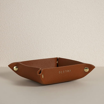 OLETHA Small Foldable Valet Tray, Travel Essentials for Women, Portable Catchall Organizer for Jewelry & Keys, for Hotel Nightstands, Home Office & Desk, Aesthetic Faux Leather, Light Taupe