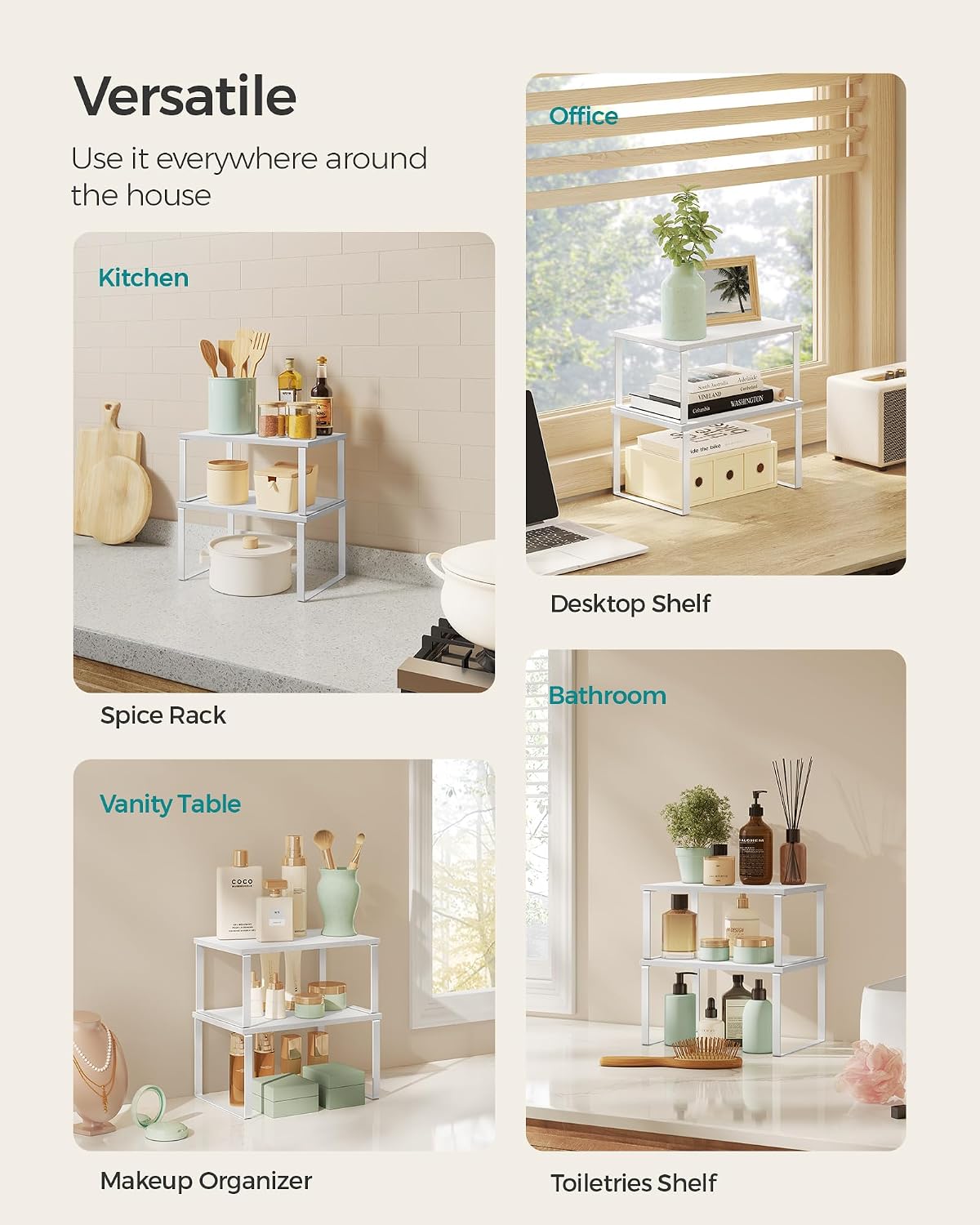 SONGMICS Cabinet Organizer Shelf, Set of 4 Kitchen Counter Shelves, Kitchen Storage, Spice Rack, Stackable, Expandable, Metal and Engineered Wood, Cloud White and Natural Beige UKCS010N01