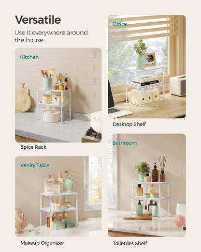 SONGMICS Cabinet Organizer Shelf, Set of 4 Kitchen Counter Shelves, Kitchen Storage, Spice Rack, Stackable, Expandable, Metal and Engineered Wood, Cloud White and Natural Beige UKCS010N01