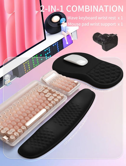 2in1 Combination, Wave Keyboard Wrist Rest and Ergonomic Curvature Mouse Pad Wrist Support for Relieve Wrist Pain, Filled with Soft Cushion Memory Foam, Black