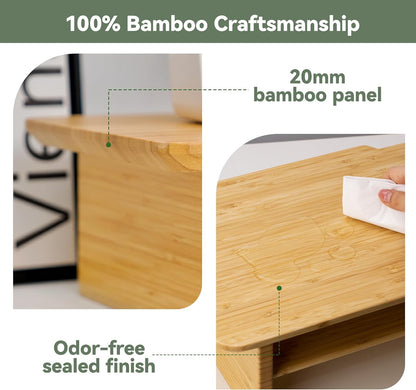 Bamboo Dual Monitor Stand, 39.3 inch Computer Monitor Riser with 2 Drawers, Desk Shelf with Cable Management for Home Office, Printer, Laptop
