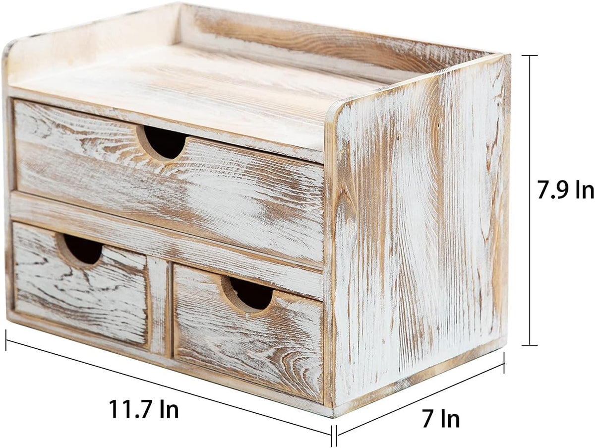 Rustic Distressed white 3-Tier Bamboo Desk Organizer with 3 Drawers Mini Storage Shelf For Desk, Toiletries Vanity Office Supplies (bamboo)