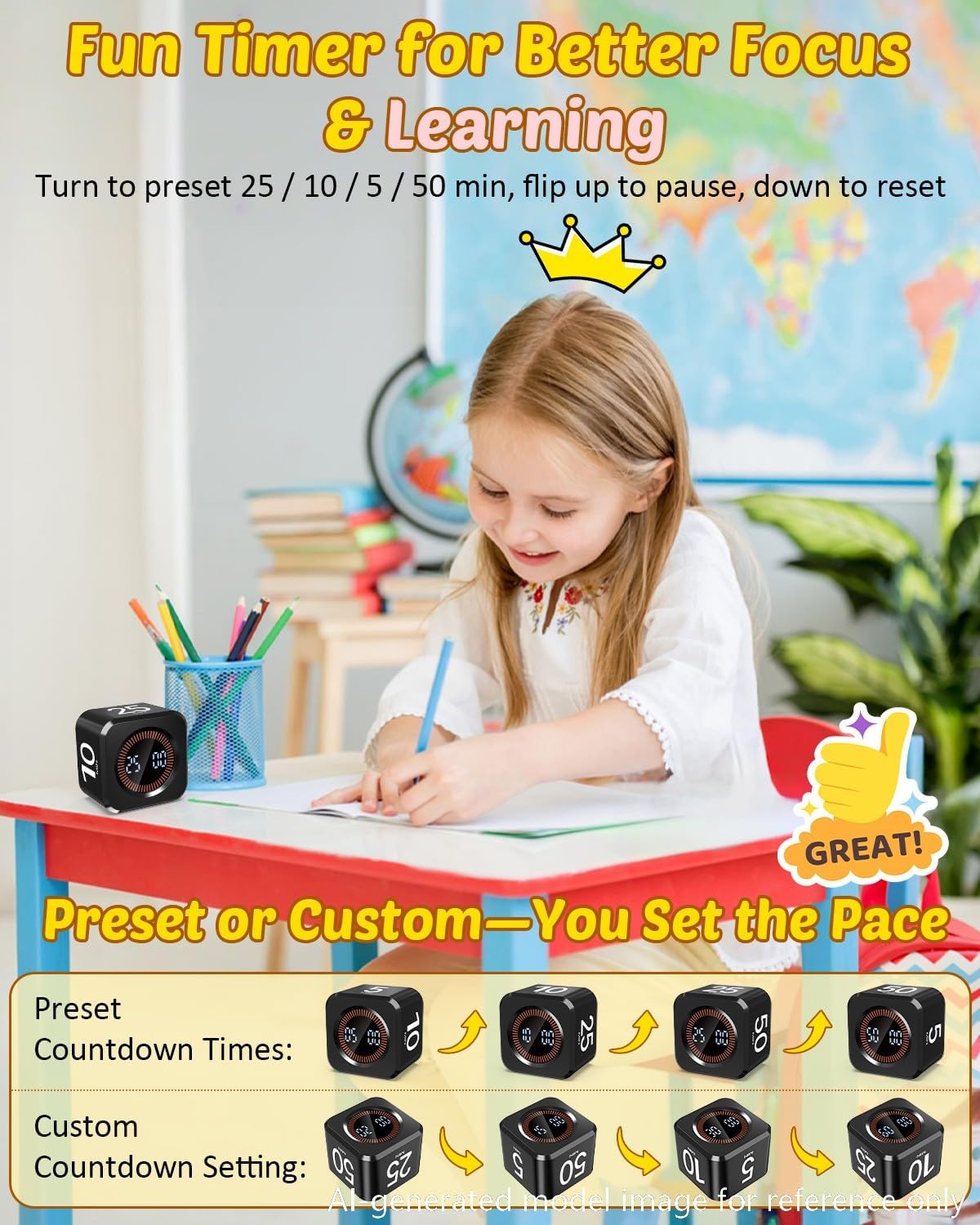 Digital Pomodoro Timer Cube 5/10/25/50min, Visual Productivity Flip Timer for Kids Classroom Desk, Custom Countdown, Silent and Sound Mode for ADHD Study Work Game Kitchen (Purple)