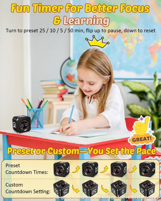 Digital Pomodoro Timer Cube 5/10/25/50min, Visual Productivity Flip Timer for Kids Classroom Desk, Custom Countdown, Silent and Sound Mode for ADHD Study Work Game Kitchen (Purple)