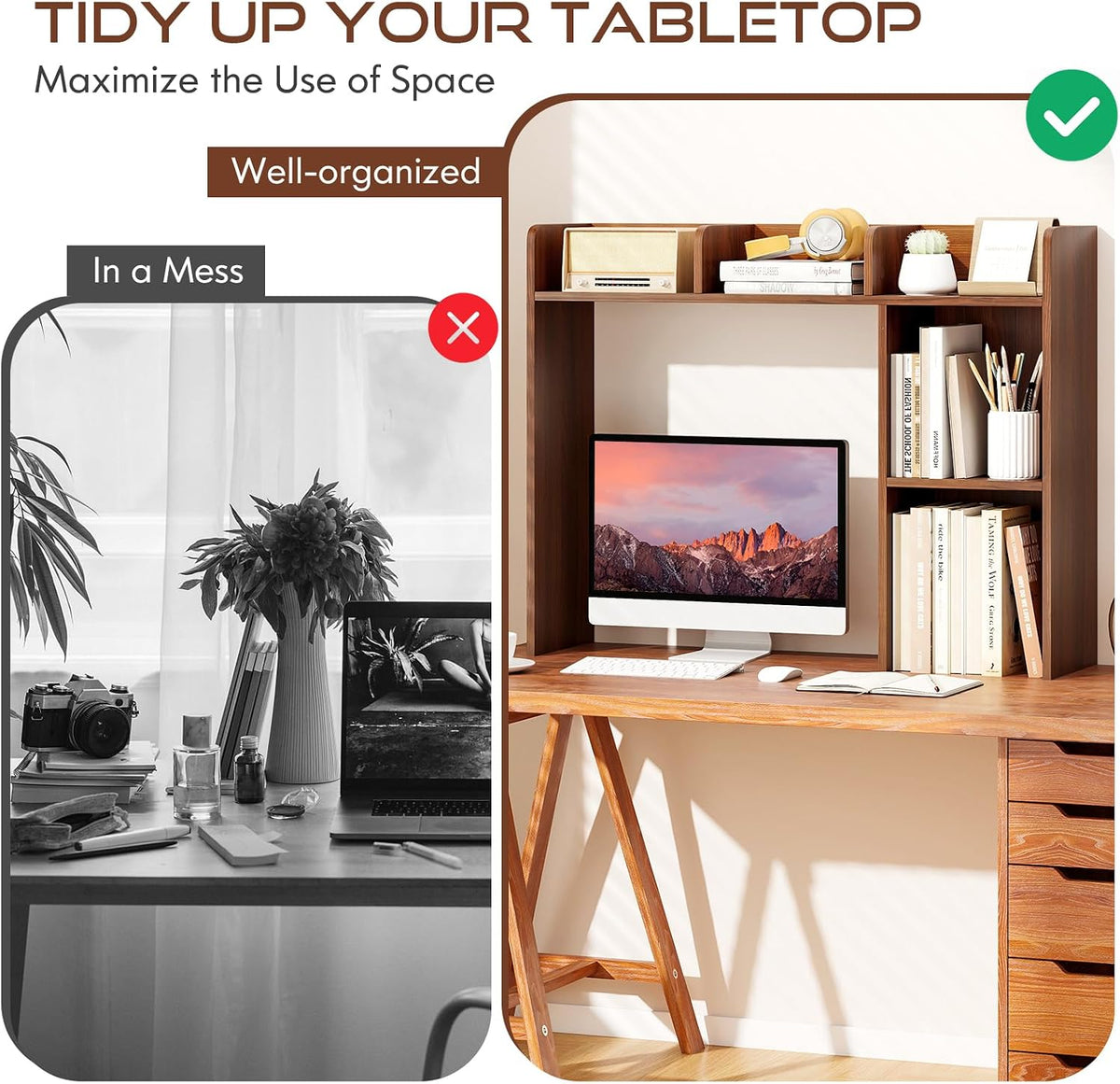 Desktop Bookshelf, Countertop Storage Hutch with 5 Shelves for Computer Desk, Desk 3-Tier Display Rack, Multipurpose Wood Desktop Hutch Storage Organizer for Dorm Office Home