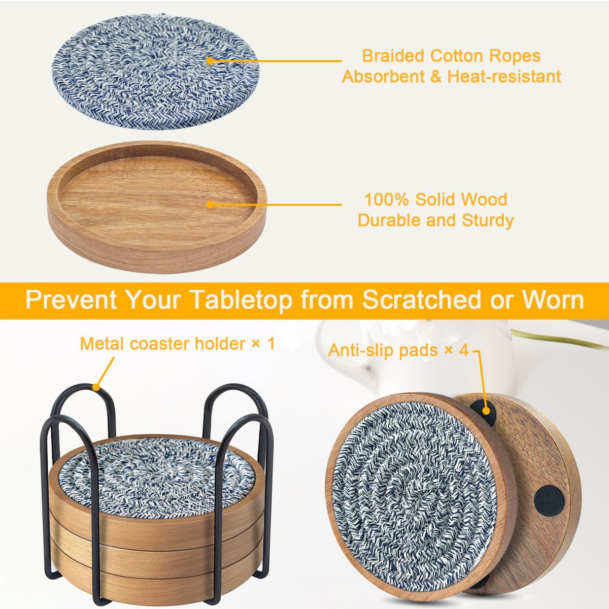 Wood Coasters for Drinks, Eykao Absorbent Coaster Sets of 5, Woven Drink Coasters for Coffee Table, Housewarming Gift for Farmhouse Home Decor,4 inches