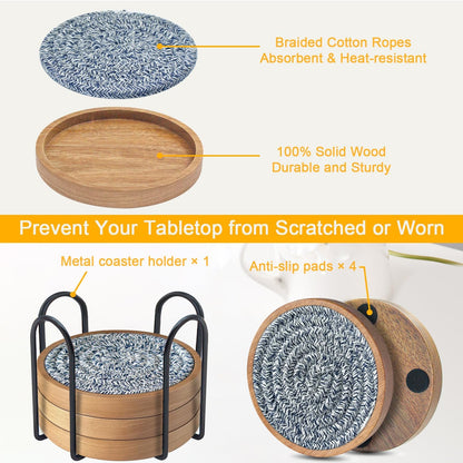 Wood Coasters for Drinks, Eykao Absorbent Coaster Sets of 5, Woven Drink Coasters for Coffee Table, Housewarming Gift for Farmhouse Home Decor,4 inches