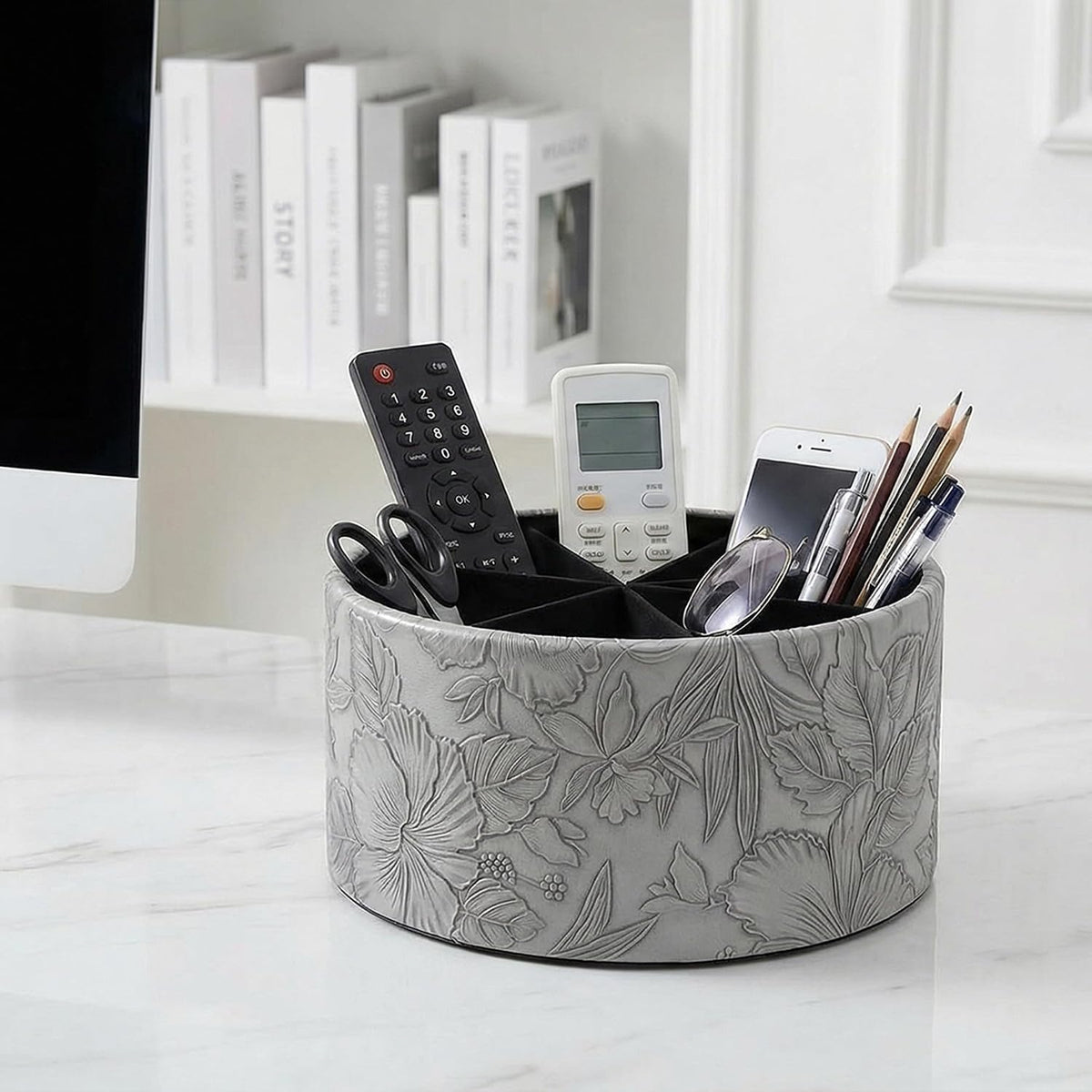 Round Leather Art Supply Organizer,Remote Control Holder,360 Degree Rotating,Multi-Functional Pencil Holder,4 Compartments Desktop Stationary Organizer(1-Blue Bird) - Colors A