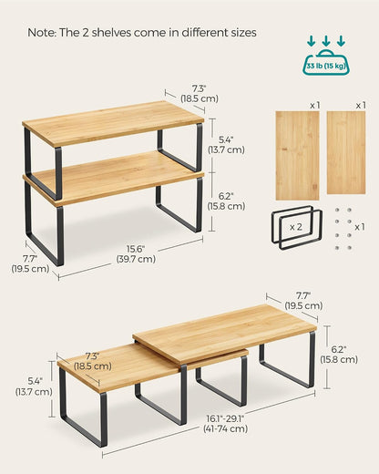 SONGMICS Cabinet Organizer Shelf, Set of 4 Kitchen Counter Shelves, Kitchen Storage, Spice Rack, Stackable, Expandable, Metal and Engineered Wood, Cloud White and Natural Beige UKCS010N01