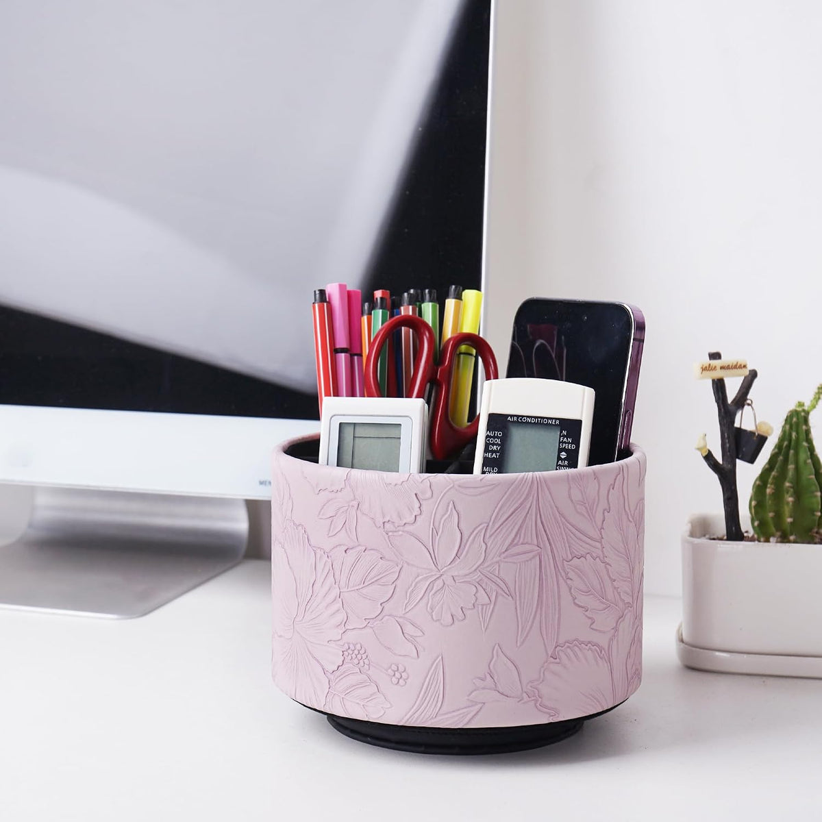 Round Leather Art Supply Organizer,Remote Control Holder,360 Degree Rotating,Multi-Functional Pencil Holder,4 Compartments Desktop Stationary Organizer(1-Blue Bird) - Colors A