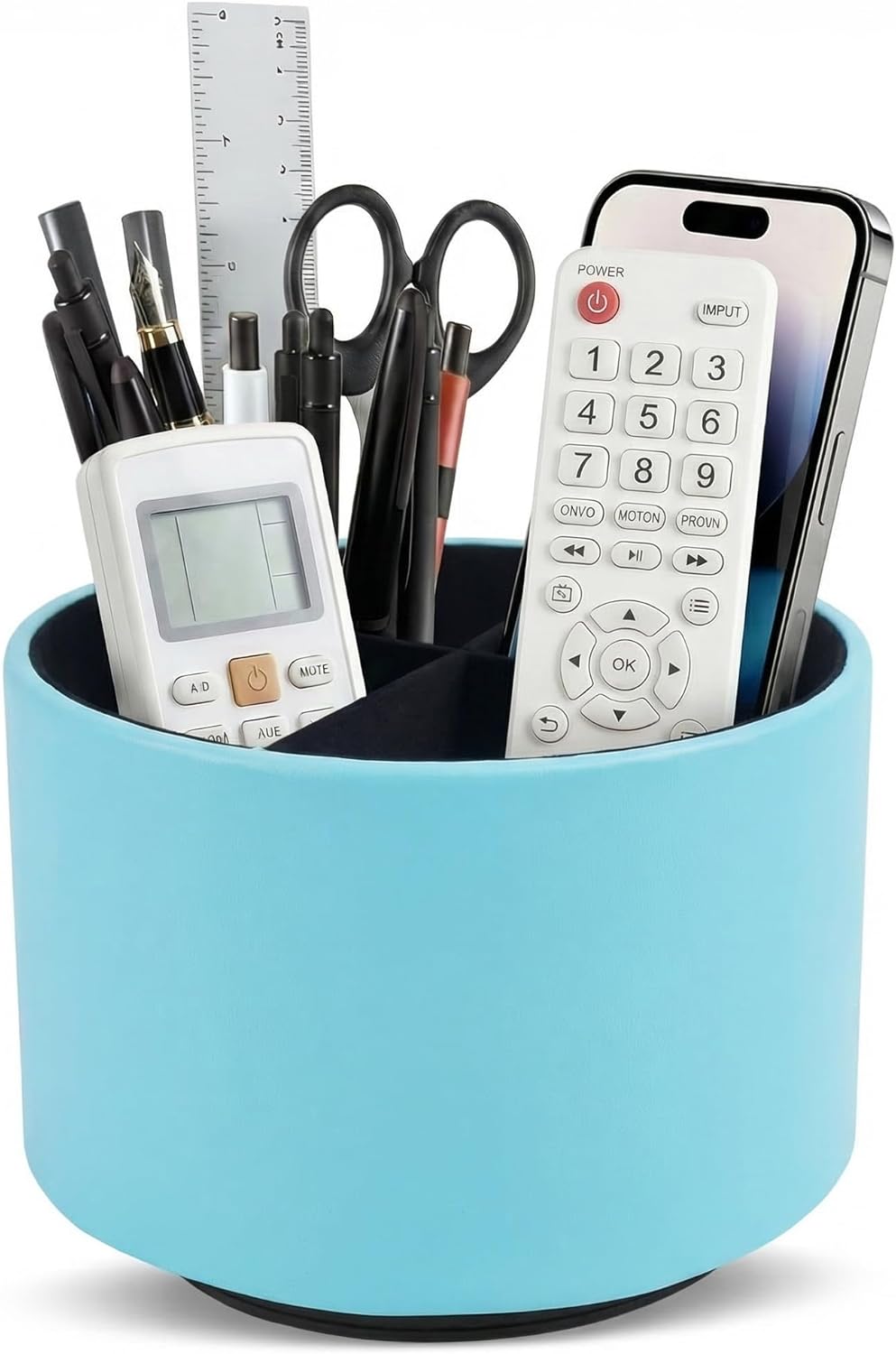 Round Leather Art Supply Organizer,Remote Control Holder,360 Degree Rotating,Multi-Functional Pencil Holder,4 Compartments Desktop Stationary Organizer(1-Blue Bird) - Colors C