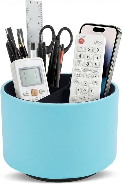 Round Leather Art Supply Organizer,Remote Control Holder,360 Degree Rotating,Multi-Functional Pencil Holder,4 Compartments Desktop Stationary Organizer(1-Blue Bird) - Colors C