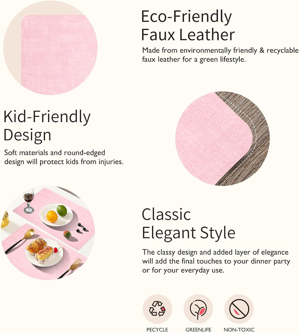 Maxpearl Faux Leather Placemats Set of 6 - Waterproof - Wipe Clean - Heat Resistant - Anti Slip Dining Table Place Mats, Suitable for Indoor & Outdoor Use, 17’’×12’’, Beige