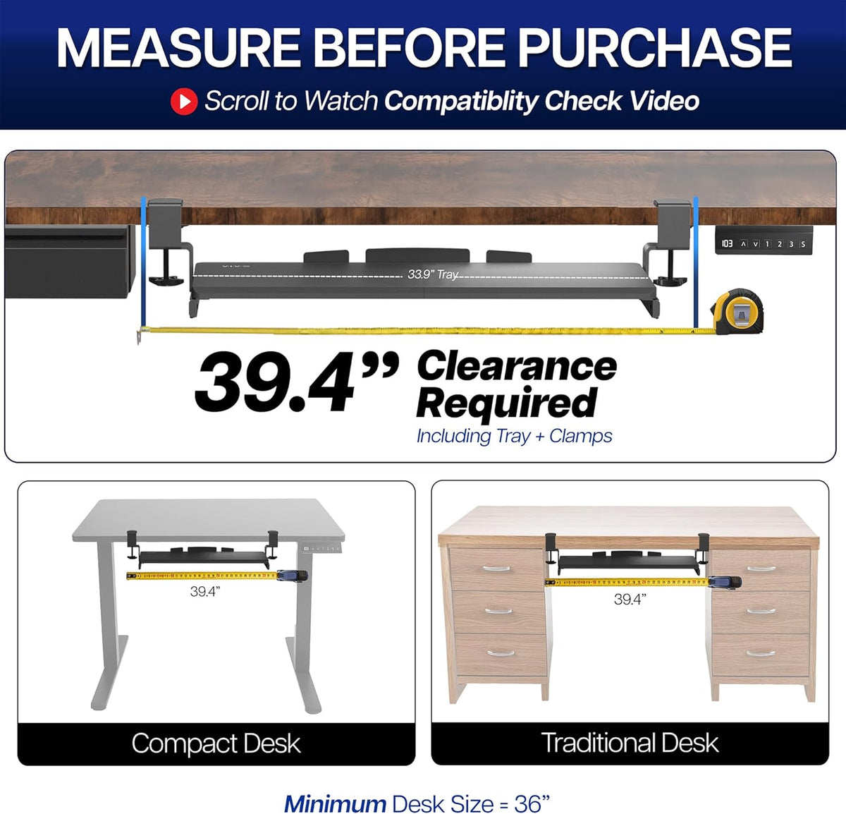 VIVO Extra Long Clamp-on Computer Keyboard and Mouse Under Desk Slider Tray, 34 x 11 inch Pull Out Platform Drawer, Black, MOUNT-KB15EB