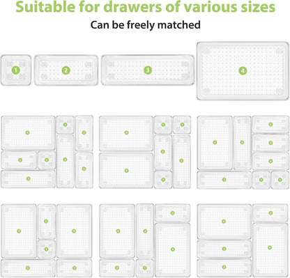 Clear Drawer Organizer Set, 3 Sizes Bathroom Vanity Organizer Trays and Storage Bins for Makeup, Cosmetics, Jewelry, and Gadgets. Perfect for Office, Kitchen, Bedroom, Bathroom Use.