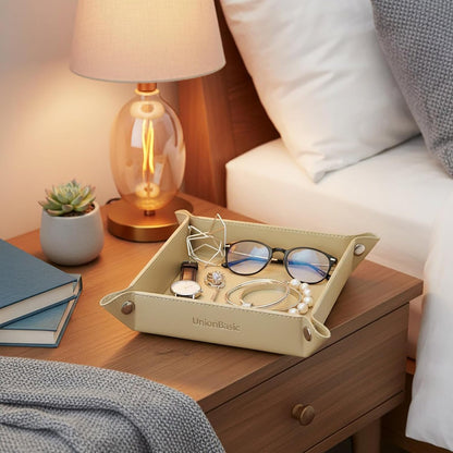 UnionBasic Small Valet Tray, Jewelry Tray for Rings Watches Earrings, Entryway Catchall Caddy for Coins Keys Change, Nightstand Bedside Valet Holder, Trays for Electronic Gadgets, Beige - Colors B