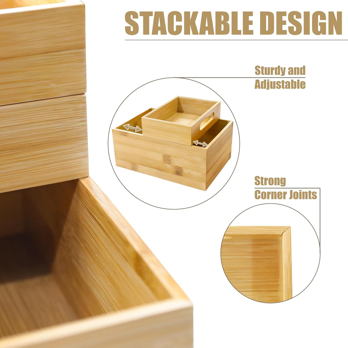 3-Piece Stackable Bamboo Storage Box, Large Storage Bin, Wooden Boxes for Makeup Drawer Organizer Bathroom, Office Supplies, Kitchen Utensils, Bamboo Storage Containers (Medium)