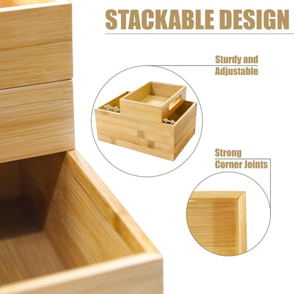 3-Piece Stackable Bamboo Storage Box, Large Storage Bin, Wooden Boxes for Makeup Drawer Organizer Bathroom, Office Supplies, Kitchen Utensils, Bamboo Storage Containers (Medium)