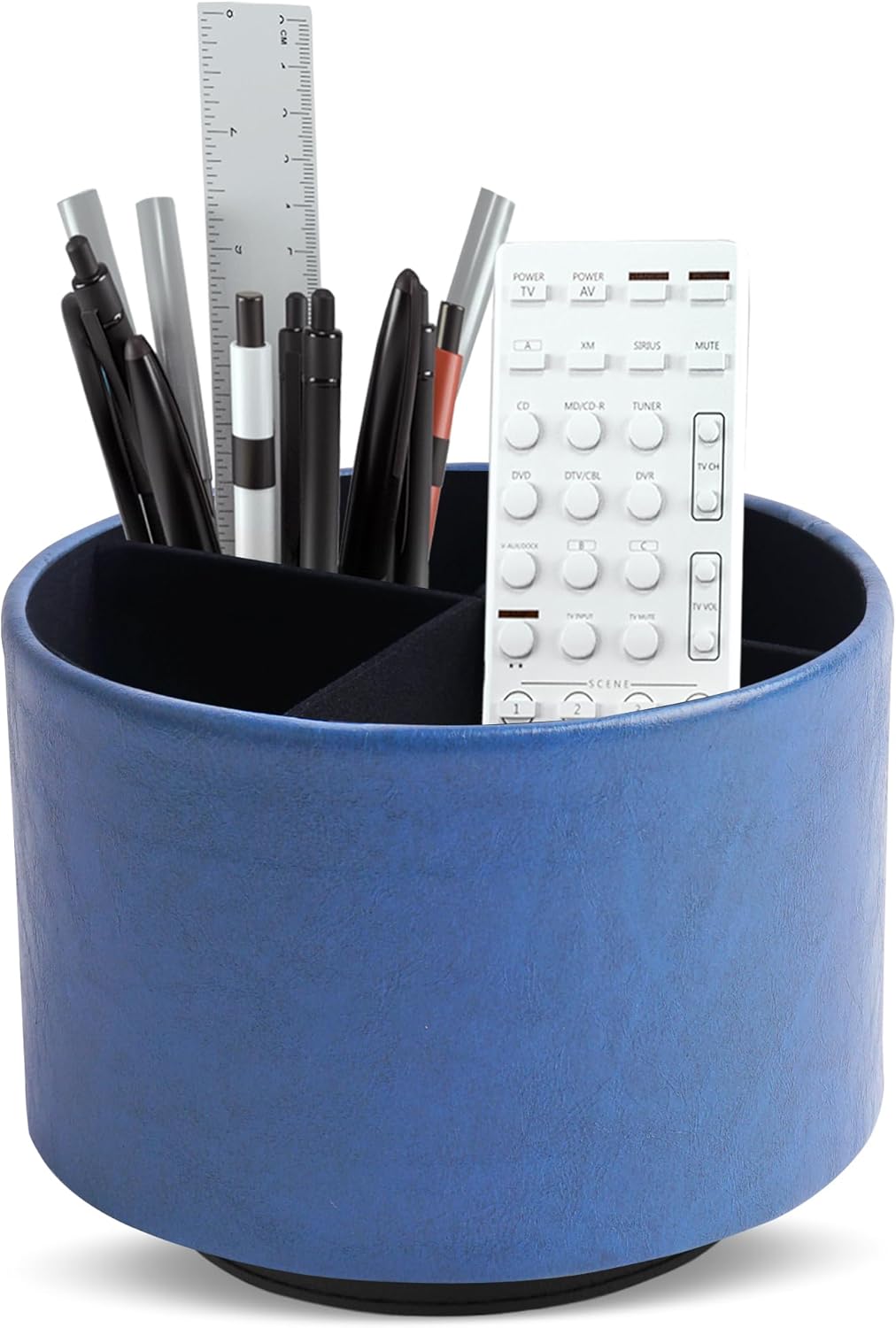 Round Leather Art Supply Organizer,Remote Control Holder,360 Degree Rotating,Multi-Functional Pencil Holder,4 Compartments Desktop Stationary Organizer(1-Blue Bird) - Colors C
