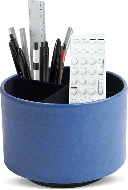 Round Leather Art Supply Organizer,Remote Control Holder,360 Degree Rotating,Multi-Functional Pencil Holder,4 Compartments Desktop Stationary Organizer(1-Blue Bird) - Colors C
