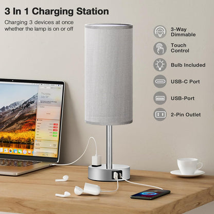 Fenmzee Bedside Table Lamp for Bedroom - Dimmable Touch, USB A+C, AC Outlet
