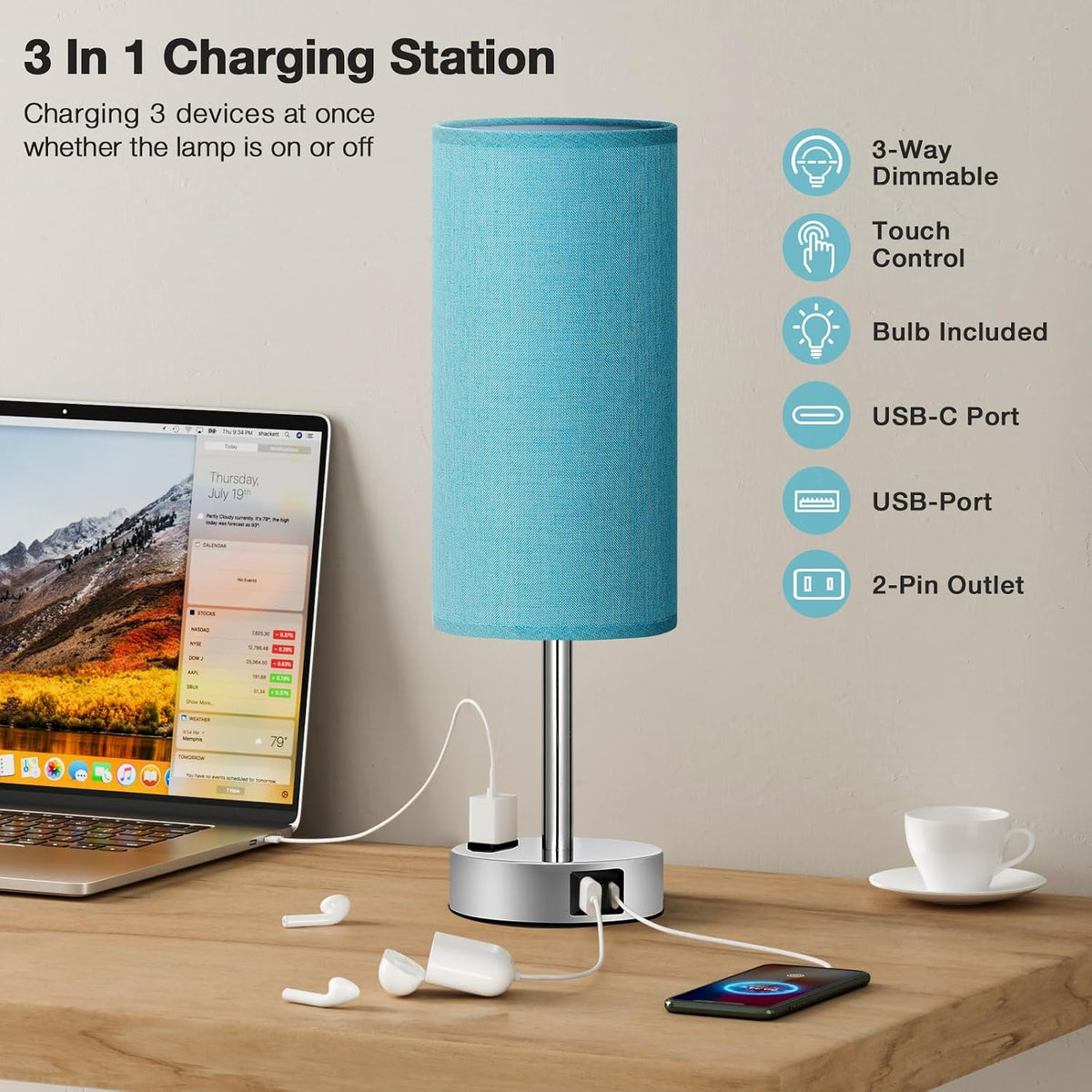 Fenmzee Bedside Table Lamp for Bedroom - Dimmable Touch, USB A+C, AC Outlet