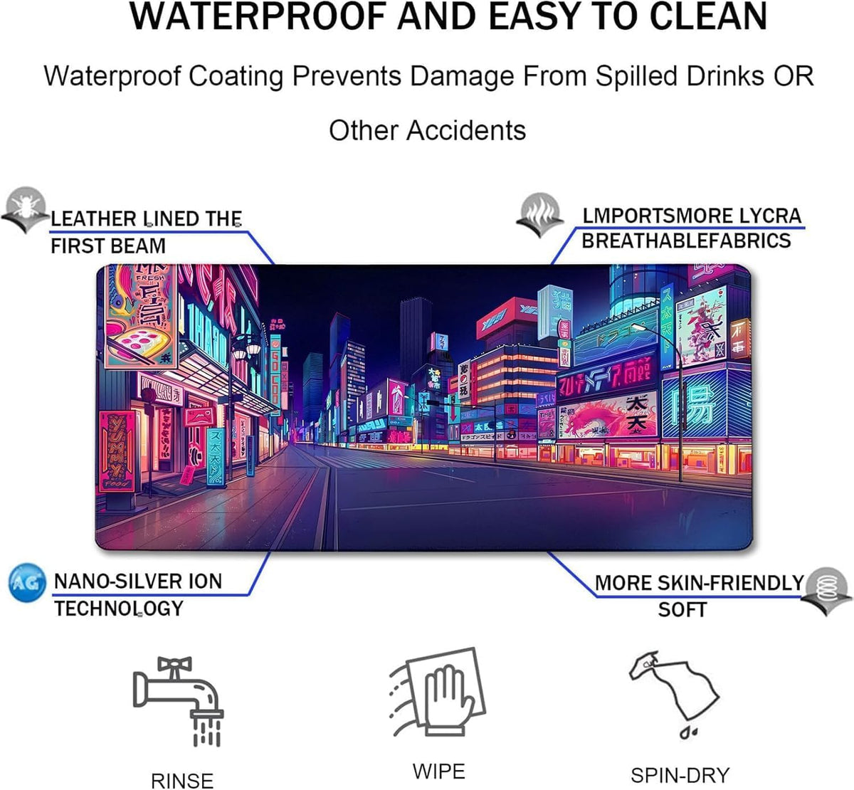 31.5" x 15.7" Waterproof Fabric Desk Pad, Rubber Anti-Slip Base, Stitched Edges No Curling, Fits Laptop Keyboard and Mouse, Smooth Office Mat Large Mouse Pad for Work Game, Black