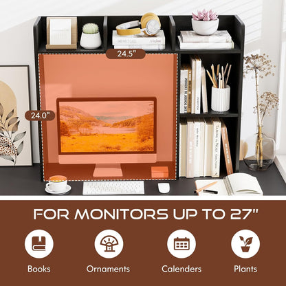 Desktop Bookshelf, Countertop Storage Hutch with 5 Shelves for Computer Desk, Desk 3-Tier Display Rack, Multipurpose Wood Desktop Hutch Storage Organizer for Dorm Office Home