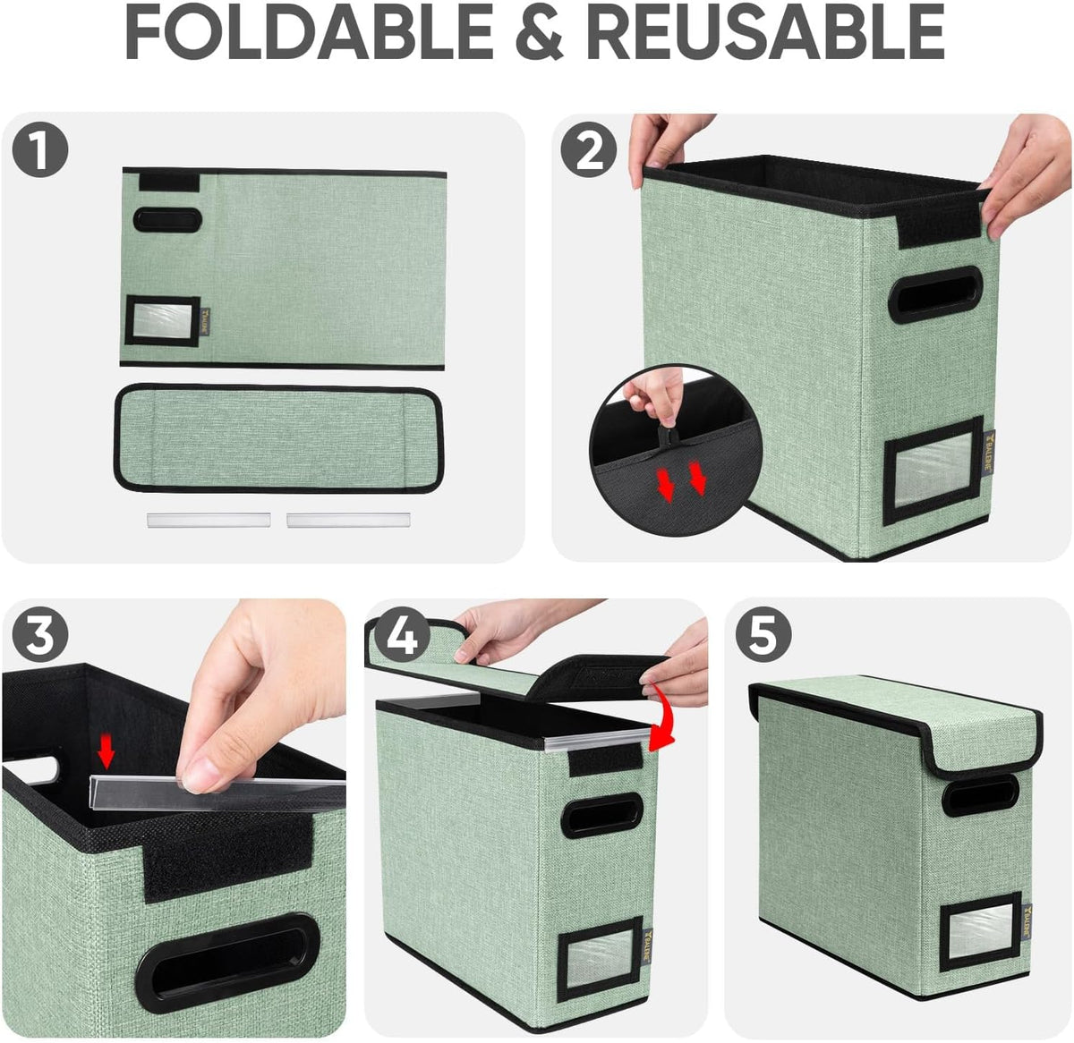 BALEINE File Organizer Box with Lid, Collapsible File Folder Organizer with Plastic Slide, Hanging File Folder Box for Office Document Storage (Black)