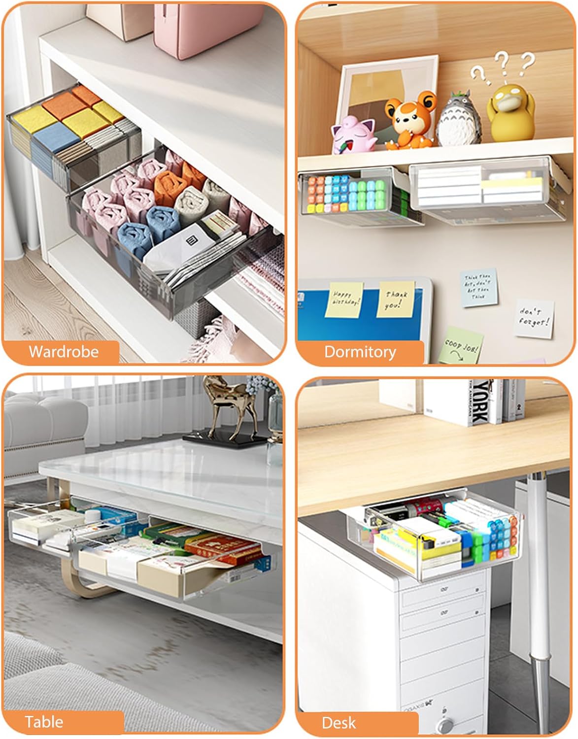2 Pack Under Drawer Organizer, Slide Out Under Desk Storage, Self-Adhesive Drawer Attachment for Office, School, Home, Hidden Desktop Organizer for Office Supplies & Home Essentials (Black)