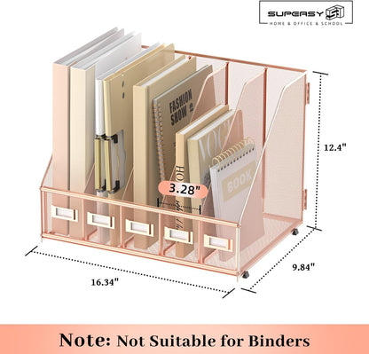 Desk Organizers Metal Desk Magazine File Holder with 5 Vertical Compartments Rack File Organizer for Office Desktop, Classroom, Home Workspace, Black