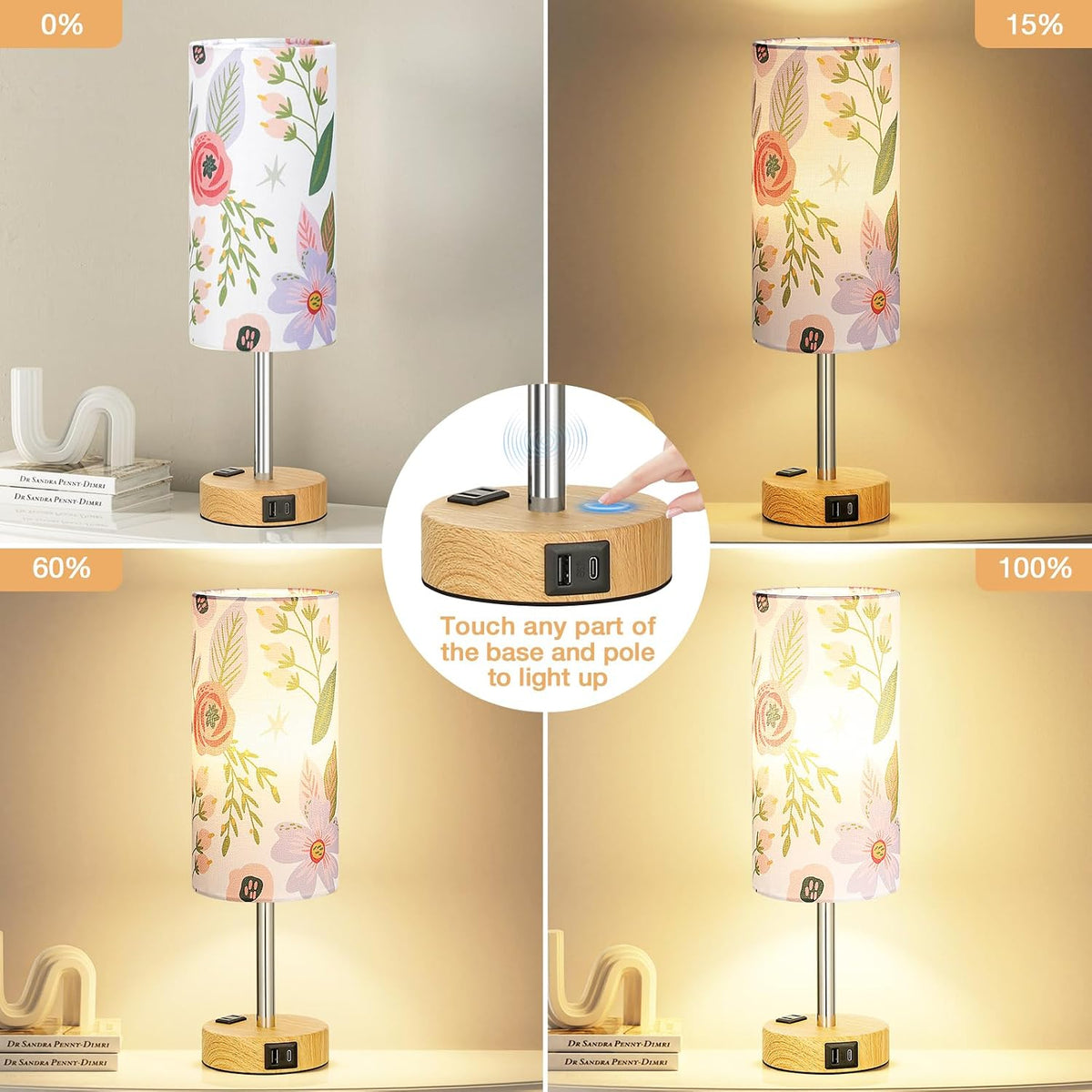 Fenmzee Bedside Table Lamp for Bedroom - Dimmable Touch, USB A+C, AC Outlet