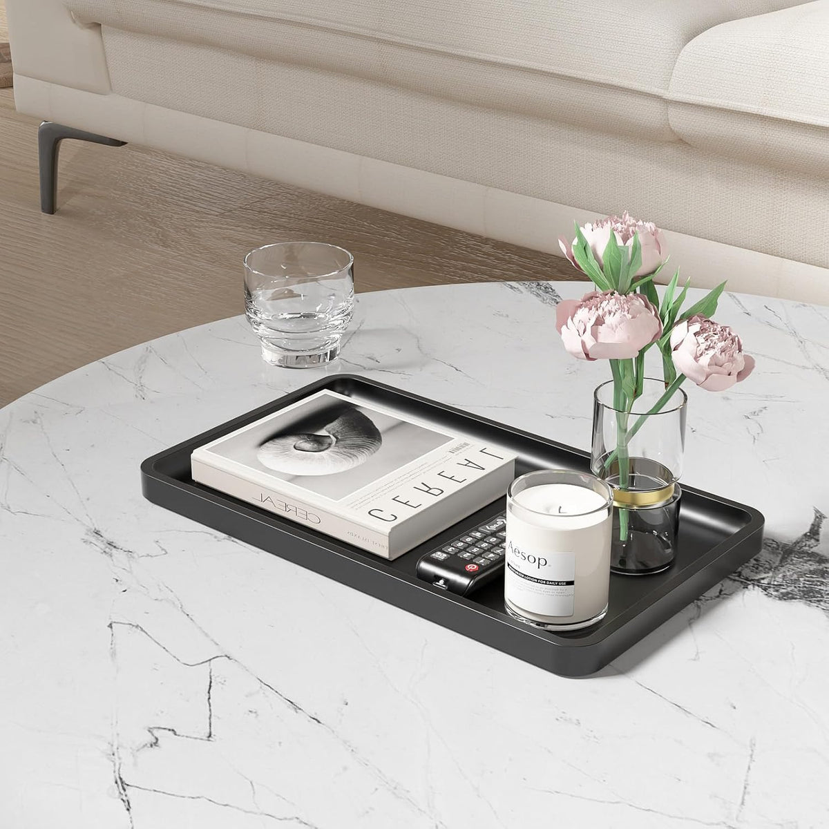 Small Bathroom Vanity Tray for Countertop Makeup Perfume Jewelry Decor Candle Keys, Small Black Kitchen Tray for Soap Dispenser Spice Bamboo Toilet Tray 7.9" L x 4" W x 0.79" H