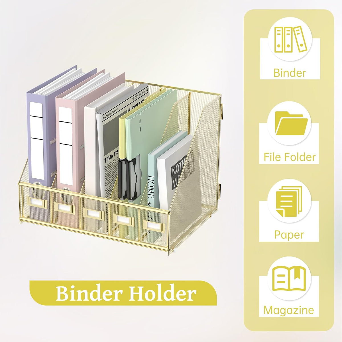 Desk Organizers Metal Desk Magazine File Holder with 5 Vertical Compartments Rack File Organizer for Office Desktop, Classroom, Home Workspace, Black