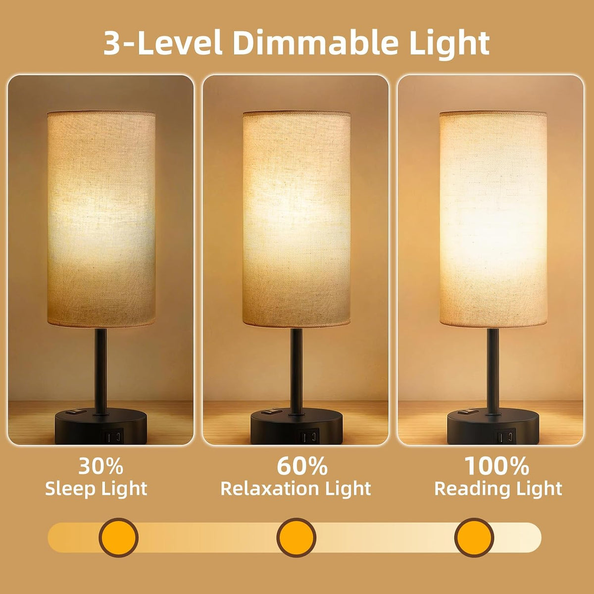 Table Lamp for Nightstand, High-Sensitivity Touch, 3-Level Dimmable Bedside Lamp with AC Outlet | USB | and USB-C, Ideal Night Stand Lamp for Bedroom, Reading, Living Room(Warm&Wooden)